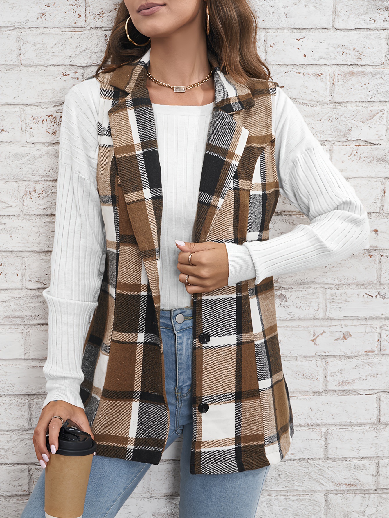 Fashion women‘s lapel suit vest plaid jacket