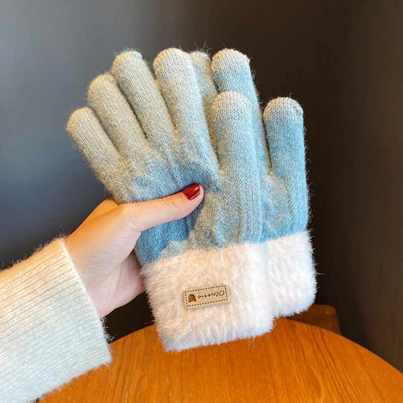 Guantes de lana de punto de estilo coreano de las mujeres de invierno forrados de lana engrosada ciclismo cálida pantalla táctil de doble capa de color a juego guantes al por mayor