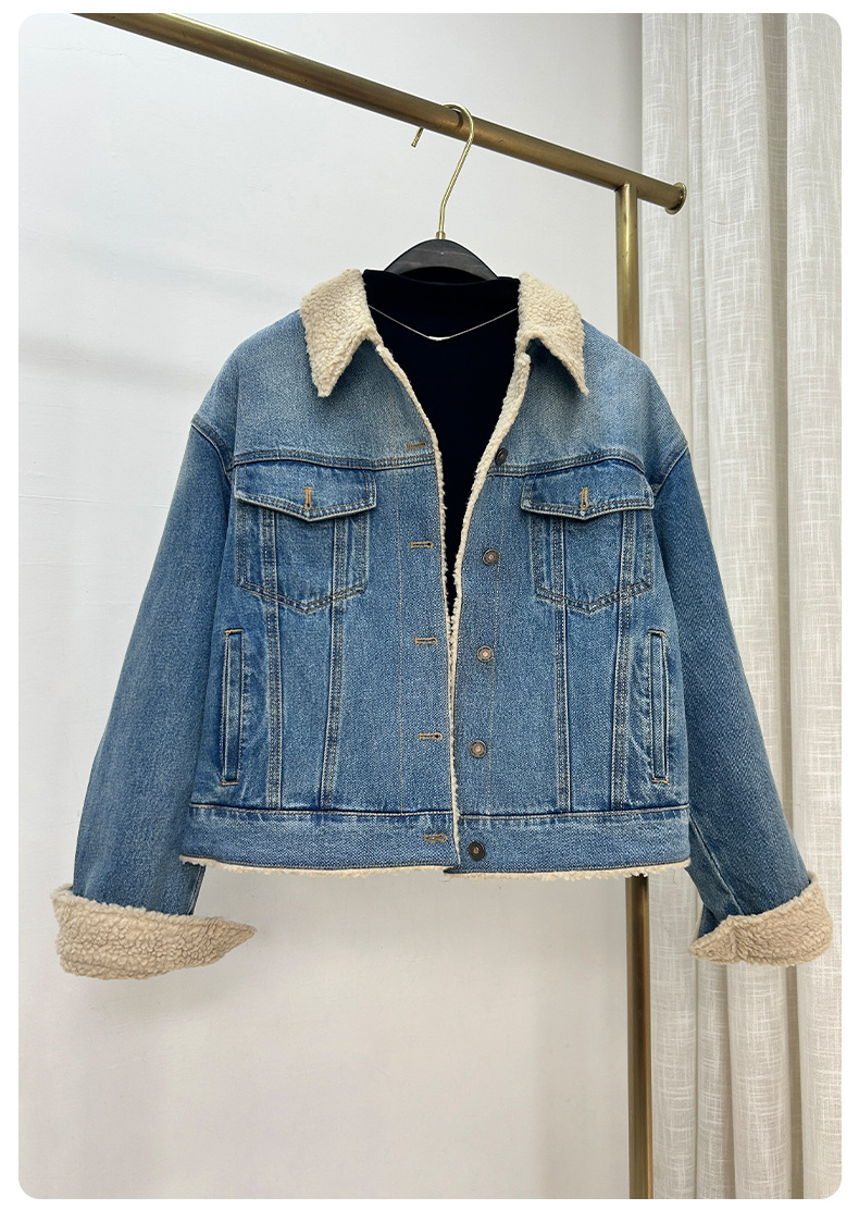 Áo khoác denim lót lông cừu dày dáng rộng cho nữ mùa thu đông — màu xanh gradient chi tiết 17