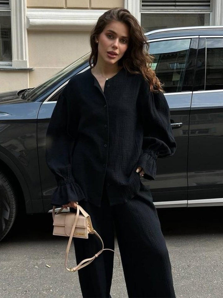 Bộ cardigan dài tay + quần ống rộng tay đèn lồng chất liệu cotton — màu hồng, màu đen, quả mơ chi tiết 21