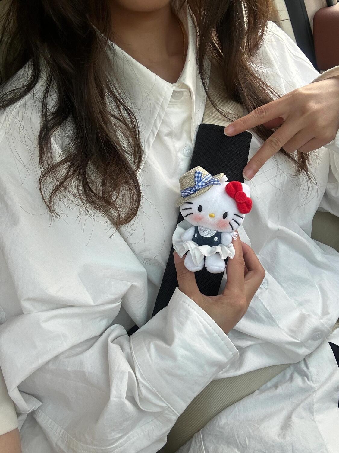 Cute Straw Hat Kitty Cat Safety Belt Shoulder Cover Spring Outing Doll Car Interior Decoration High-End Female