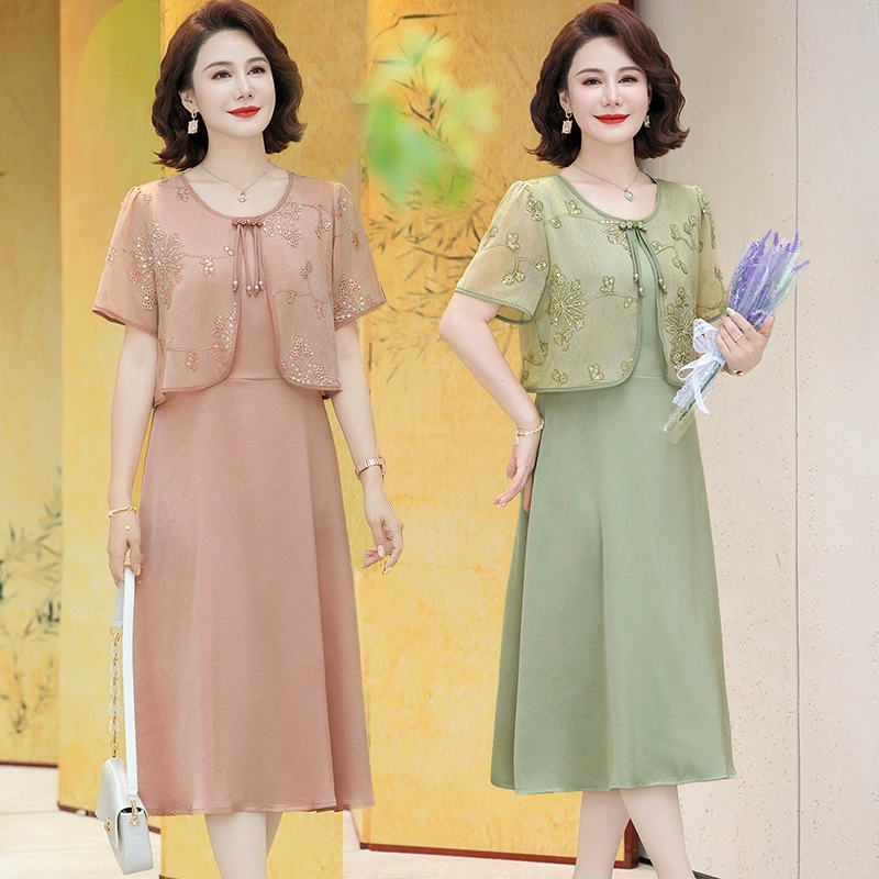 Летнее китайское платье из двух частей в китайском стиле для мамы, летняя юбка с короткими рукавами в летнем стиле для женщин среднего и пожилого возраста, темпераментная юбка
