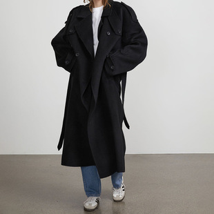 Europe and the United States cross-border 2024 autumn and winter new women's temperament solid color lapel long coat wool vintage coat