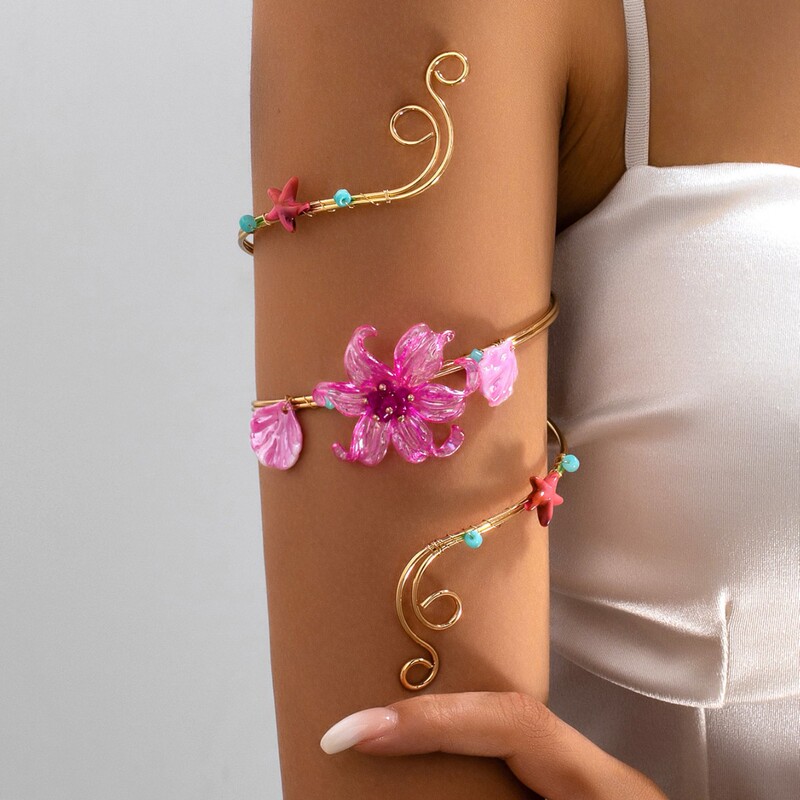 Sweet and cool pink flower, starfish, and shell arm bracelet, vintage gold wrap-around arm bangle, seaside vacation arm accessory for women 5948 Sweet and cool pink flower, starfish, and shell arm bracelet, vintage gold wrap-around arm bangle, seaside vacation arm accessory for women 5948