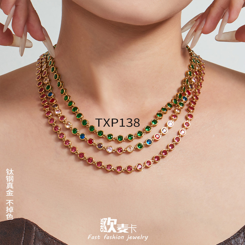 Stainless steel gold-plated multicolored beaded zircon necklace and bracelet, European and American style, light luxury, niche, versatile, stackable jewelry set