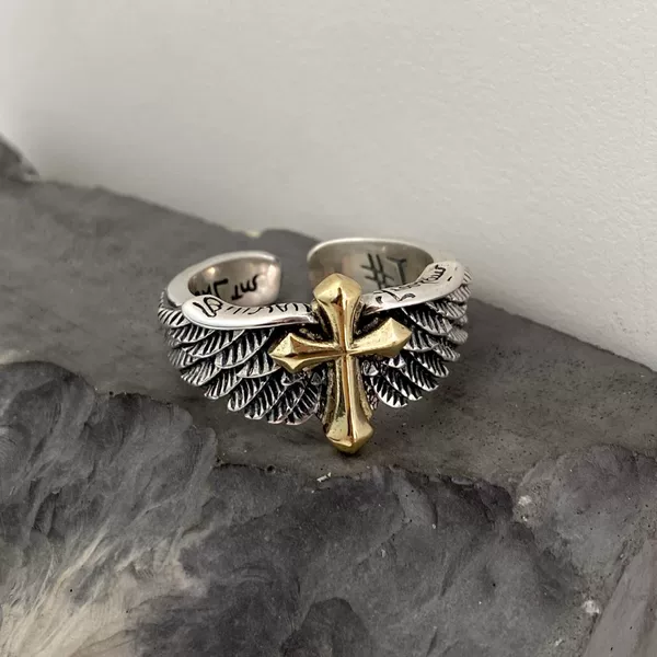 Vintage Angel Cross Ring for Men, Thai Silver, Personalized Hip-Hop Open Ring with Graffiti Wings, Trendy Men's Ring