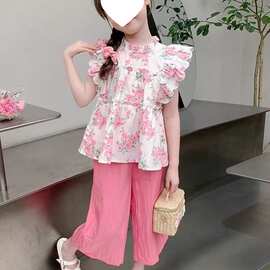 女童夏季套装2026新款洋气儿童网红时髦衣服小女孩无袖碎花两件套