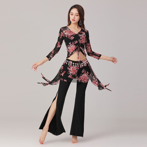 New autumn and winter belly dance plus size practice clothing set slit pants Indian dance slimming performance clothing
