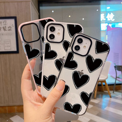 跨境熱銷黑色愛心透明手機殼蘋果15軟殼14Pro雙色透明殼13pro防摔