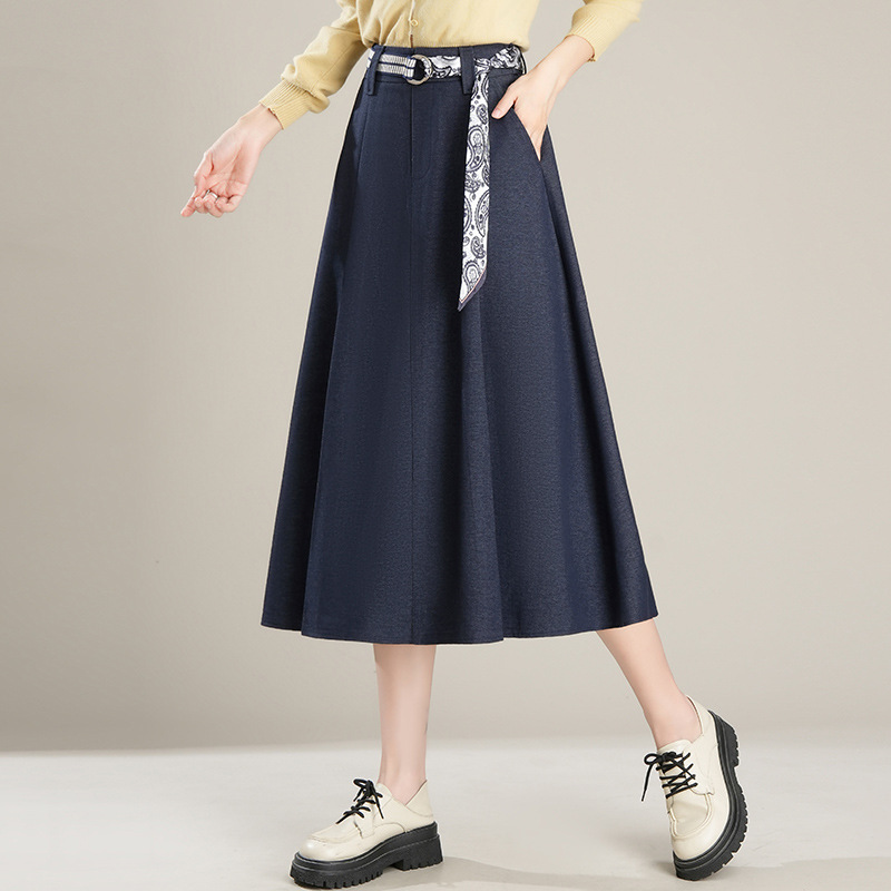 Mid-Length Elastic Waist Pure Color A-Line Denim Skirt for Women with Printed Belt 2025 Autumn Mother's Skirt