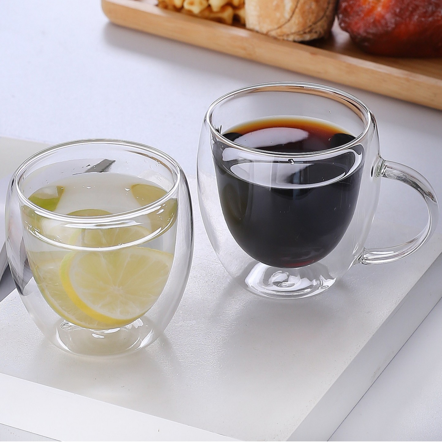 Taza de café de vidrio doble con asa, resistente al calor, diseño elegante para bebidas calientes o frías