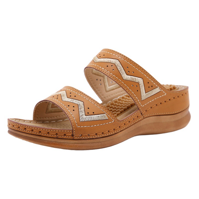 Amazon 2024 retro transfronteriza punta redonda sandalias casuales sandalias de cuña antideslizante de las mujeres bordadas