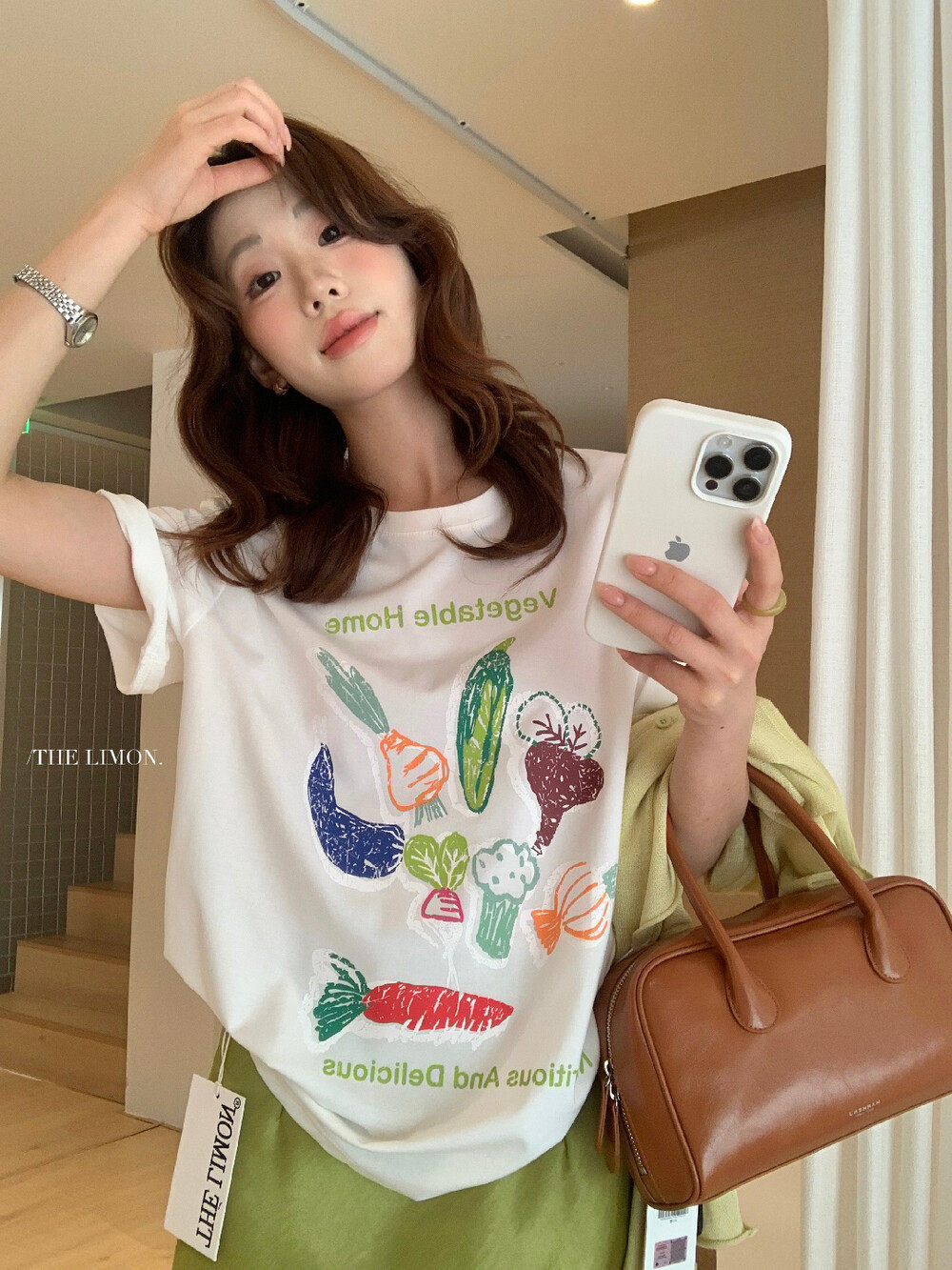 Áo thun nữ cổ tròn tay ngắn in họa tiết rau củ phong cách hoạt hình — màu trắng, Xám hoa chi tiết 5