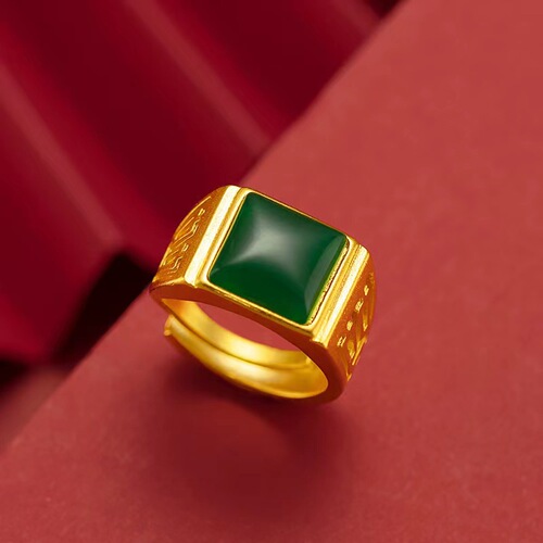 Imitation Hetian jade emerald gemstone men's ring jasper men's gold-plated ring ring men's live emerald color ring finger