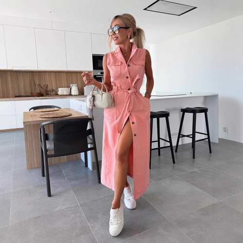 2025 Amazon European and American Style Cross-border New Arrival Sleeveless Long Belted High-waisted Single Button Denim Dress NZ88