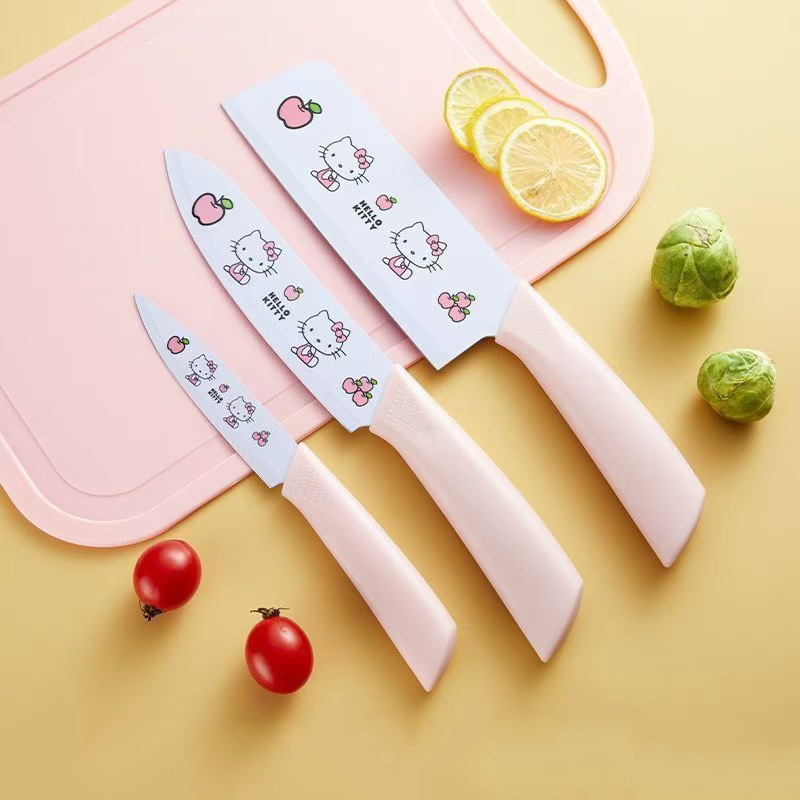 [pink] cutting board + fruit knife + chef knife + kitchen knife (comes with knife cover)