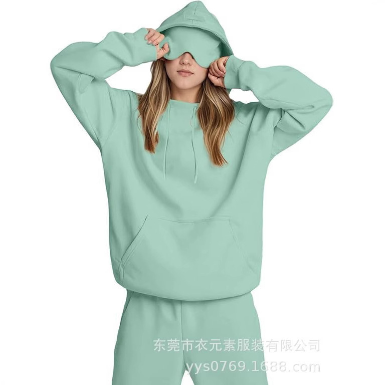 独立站欧美女装秋冬纯色套头连帽卫衣戴眼罩长裤套装卫衣两件套女|undefined
