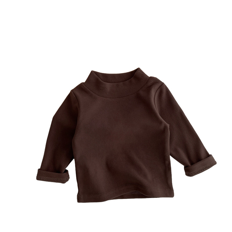 Camisa de fondo de terciopelo de color sólido para niños suave medio cuello alto primavera y otoño bebé básico niñas estiramiento casual top a juego