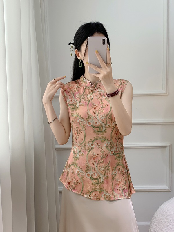 新しい中国風ジャカードピンクバックルベスト女性のための 2025 夏の新しいウエスト痩身年齢軽減ノースリーブシャツトップ|undefined