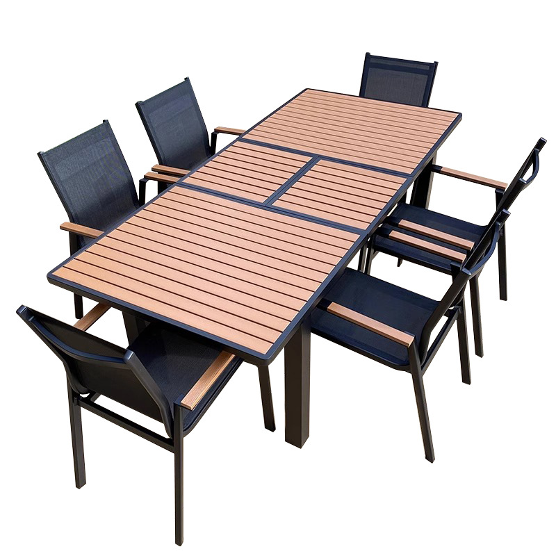 Mesas y sillas de madera de plástico estirado al aire libre, patio, villa, jardín, terraza, hotel, casa de familia, muebles de ocio, lluvia y protección solar