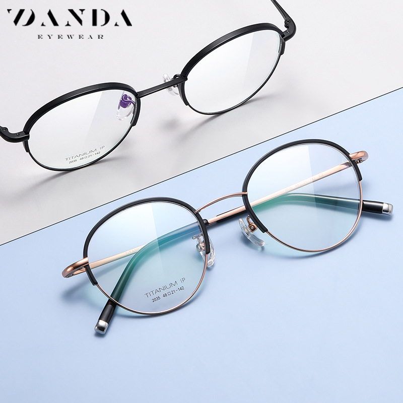 Fábrica nuevo marco de gafas de titanio puro marco redondo de las mujeres gafas lisas retro YJ2035 de dos colores Chapado en IP miopía gafas marco