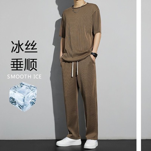 2024 New Summer Ice Silk Sports Suit Men's Drooping Sensation Quick-Dry Running Casual Two-Piece Short Top and Long Pants Thin Model