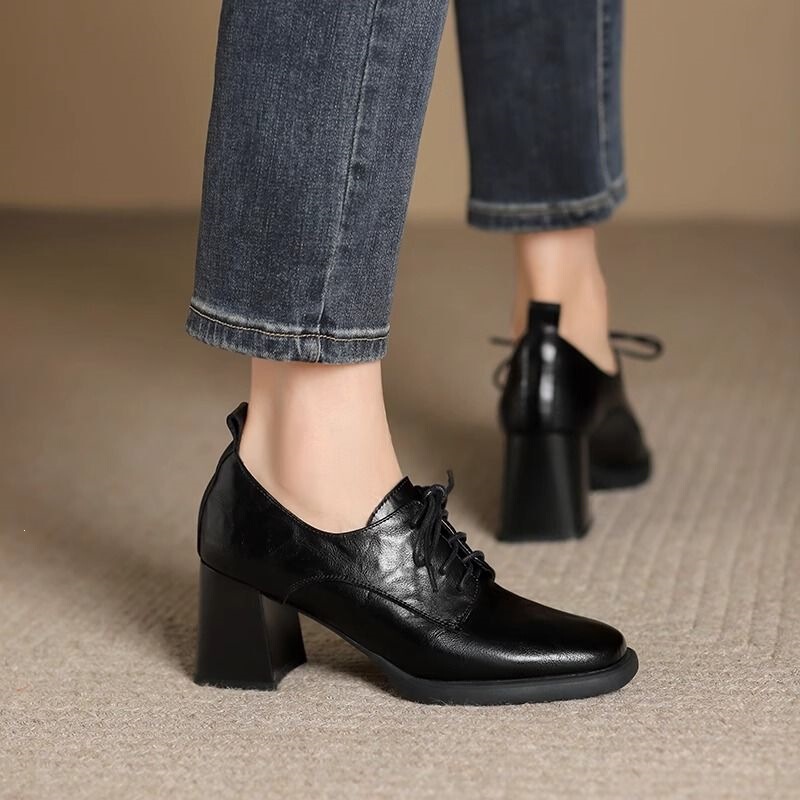 High-End Soft Leather Retro Square-Toe Lace-Up Leather Shoes, Deep-Cut Single Shoes for Women, 2026 New Versatile British Style High-Heeled Shoes for Women