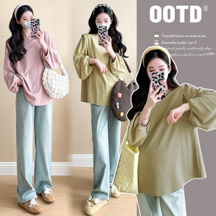 2024 real shot new pregnant women autumn design soft glutinous sweet age-reducing lantern sleeve T-shirt loose sweater