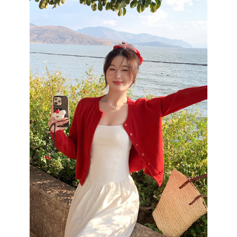 Red Cardigan with Suspenders for Women, Spring Jacket 2026 New Style, Knitted Autumn Top for Outerwear