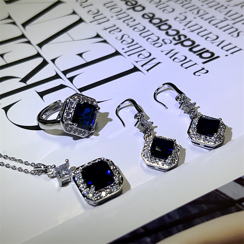 Fashionable elegant geometric square blue set with zircon