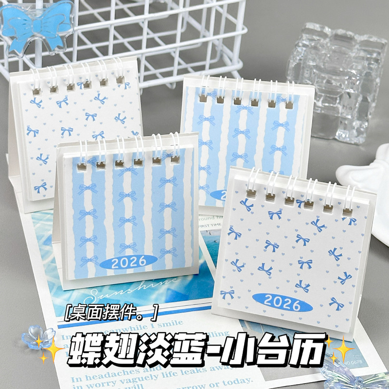 New 2026 Bow-Tie Mini Desk Calendar Cute Cartoon Punch Card Calendar Lunar Calendar Desktop Decoration Small Ornament