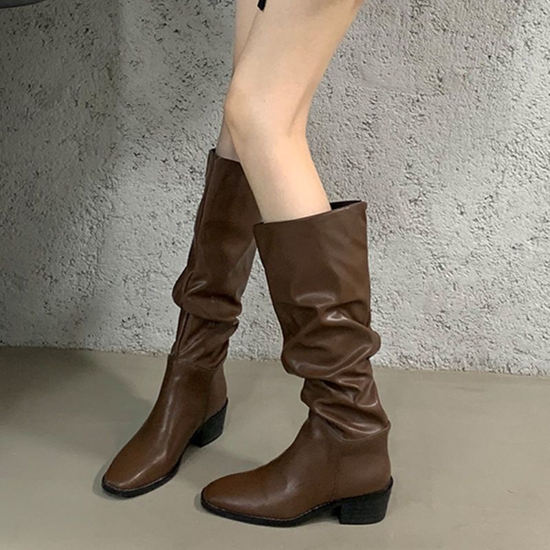 Chunky Heel Pointed Toe Women's Boots with Ruched Pile-Up Design, 2025 Autumn/Winter New Fashionable Versatile Long Riding Boots, Slim Boots