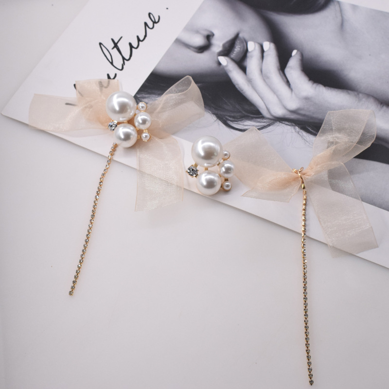 Bow Ribbon Tassel Pearl Earrings display picture 3