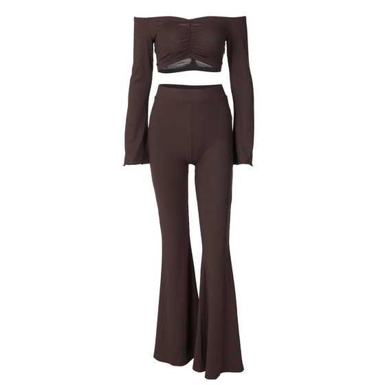 European and American Cross-Border Women's Clothing 2025 Spring New One-Shoulder Long-Sleeved Slim Flared Pants Fashion Casual Suit for Women