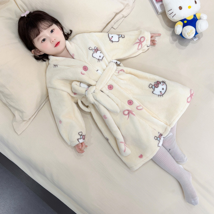 女童秋冬睡袍儿童可爱2025连帽法兰绒家居服浴袍女宝宝珊瑚绒睡衣|undefined