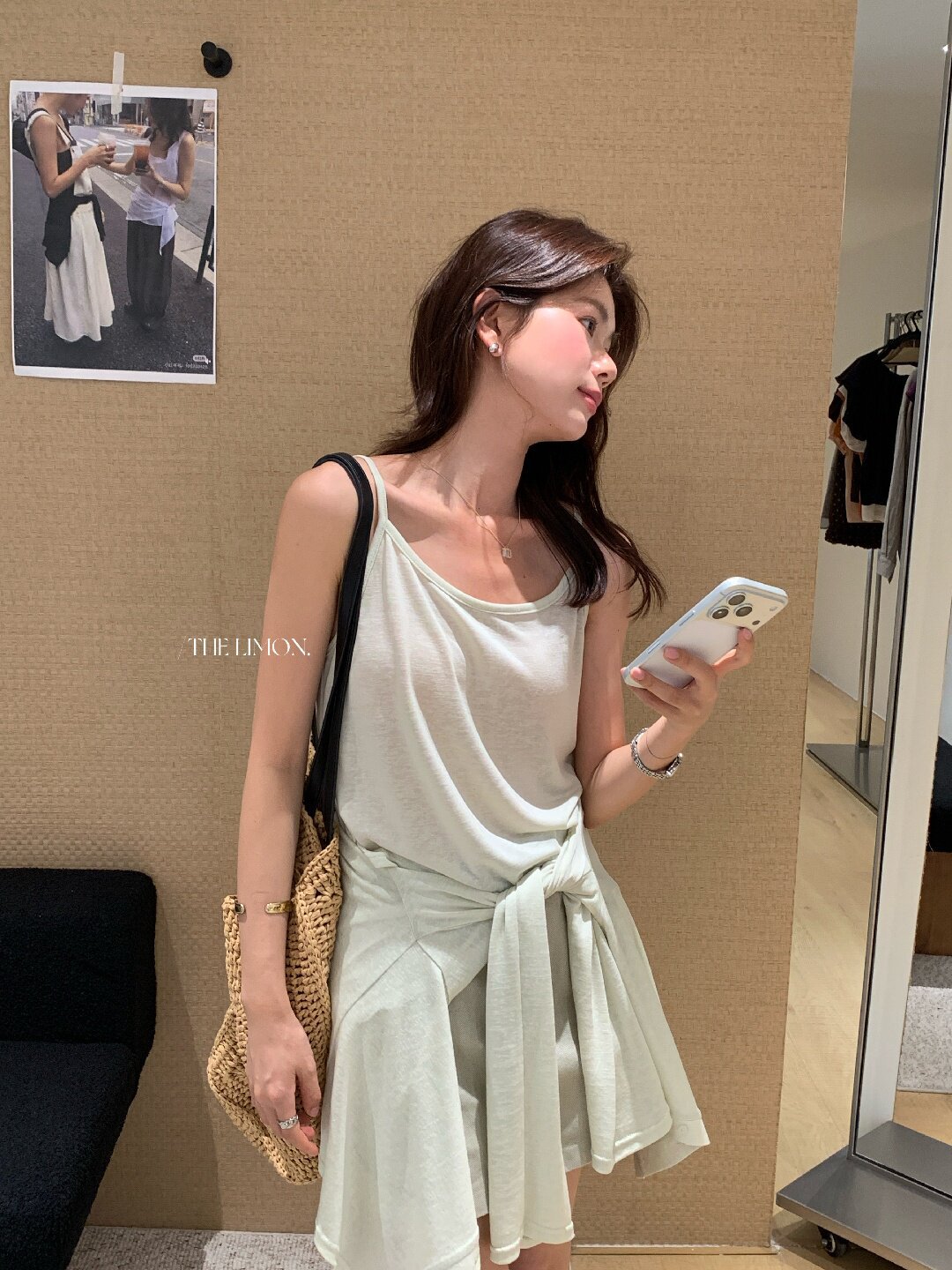 Bộ cardigan len mỏng kèm áo hai dây hai mảnh nữ mùa hè — Xám cacbon, xanh lam, màu hồng, Đậu xanh chi tiết 33