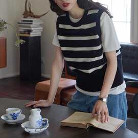 DAILY CLOSET早秋叠穿苾入单品 韩系条纹针织马甲套头马夹女4029