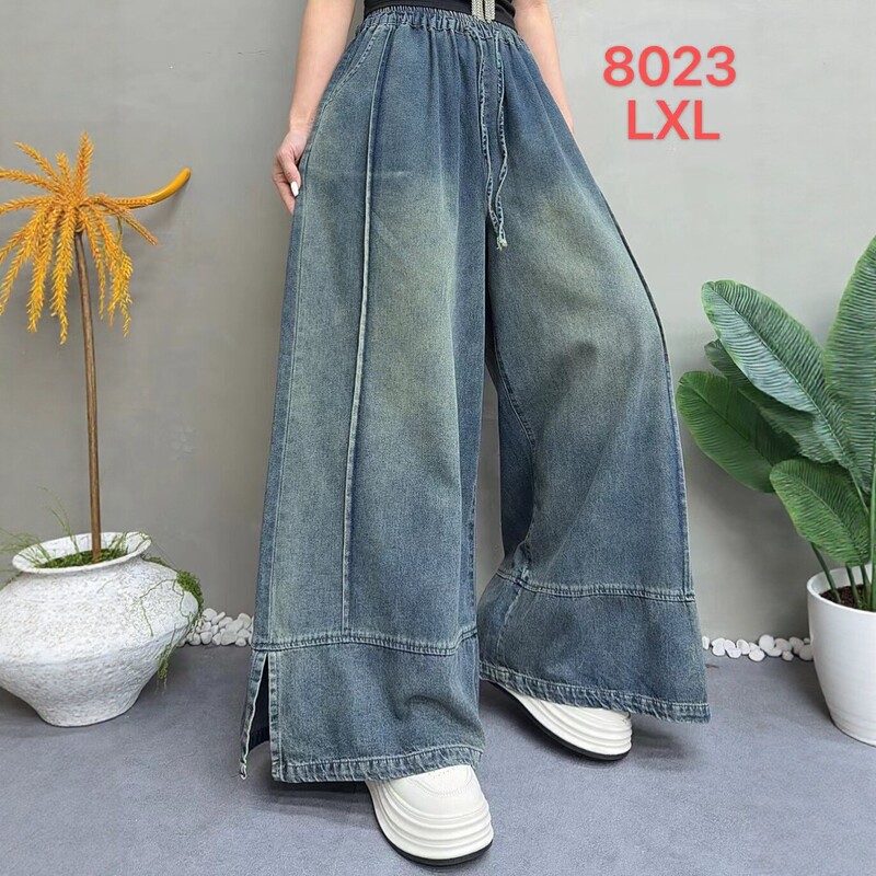 2026 Summer Style Vintage Loose Wide-Leg Jeans with Elastic Waist, Distressed Side Slit Casual Pants