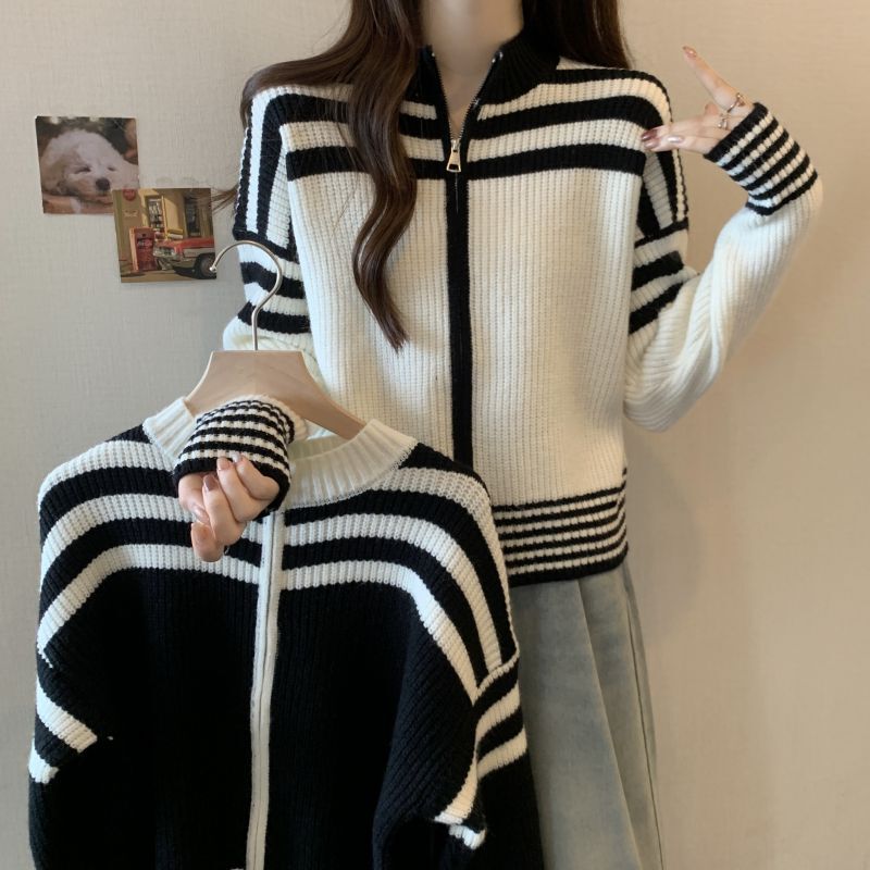 Cross-border stand-up collar sweater coat women's 2024 spring and autumn plus size chubby girl slim semi-high collar striped knitted cardigan shoulder Cross-border stand-up collar sweater coat women's 2024 spring and autumn plus size chubby girl slim semi-high collar striped knitted cardigan shoulder
