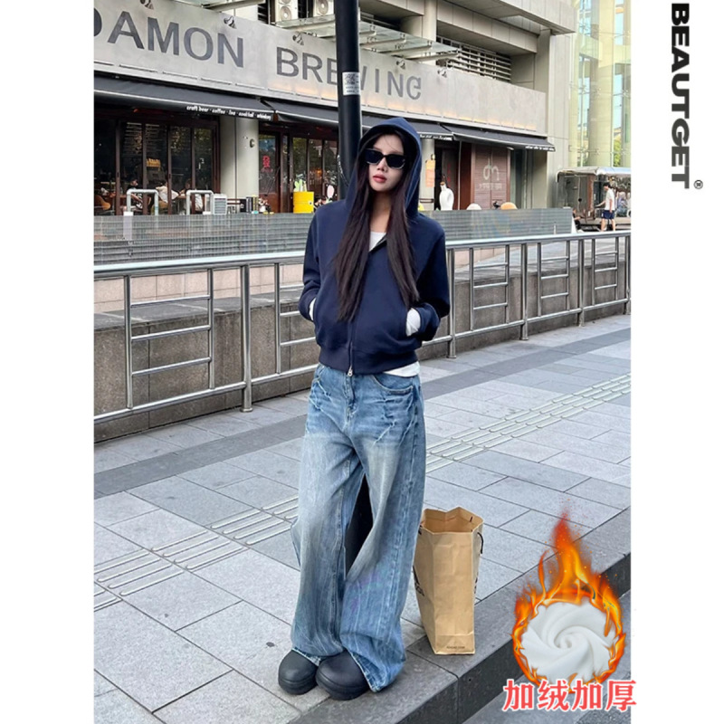 山东即墨嫚彩迪品牌美式街头短款双头拉链开衫连帽卫衣女潮流帽衫|undefined