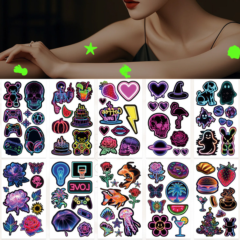 10 Cross-Border Cartoon Neon Series Luminous Tattoo Stickers Party Creative Decoration Temporary Arm Stickers Face Stickers