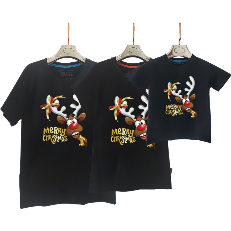 Nueva camiseta de media manga de algodón para padres e hijos de verano 2022 patrón de cabeza de alce de Navidad árbol de Navidad día de Año Nuevo ropa de clase
