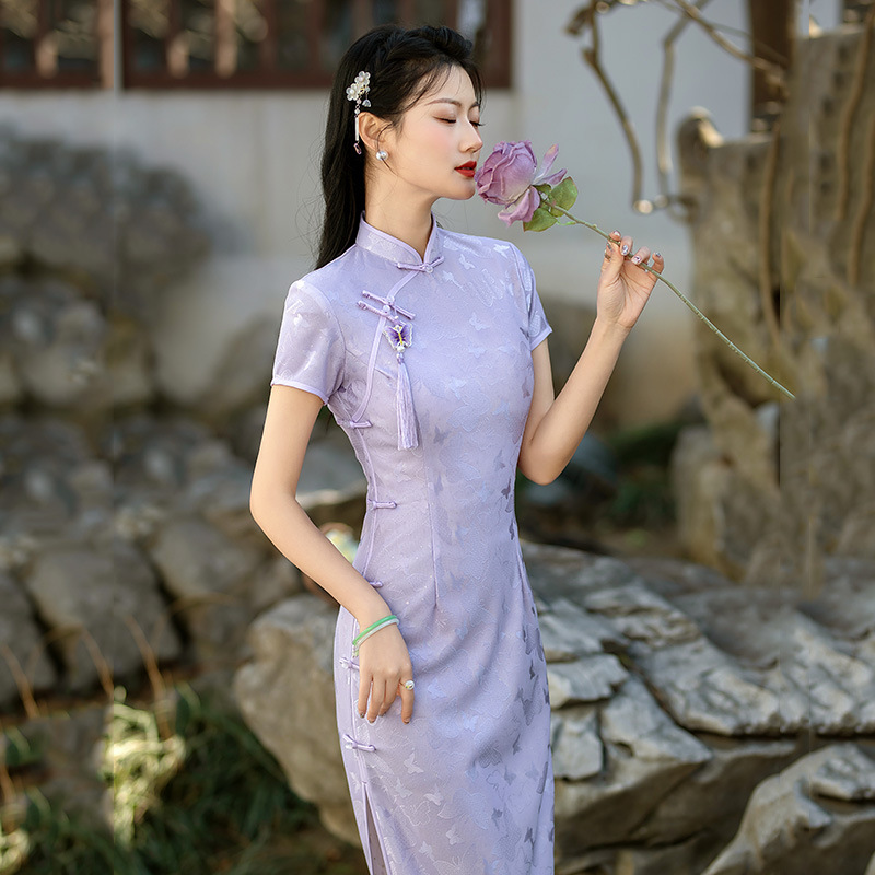 紫色蕾絲國風中式日常改良旗袍年輕款女復古修身短袖氣質平時可穿