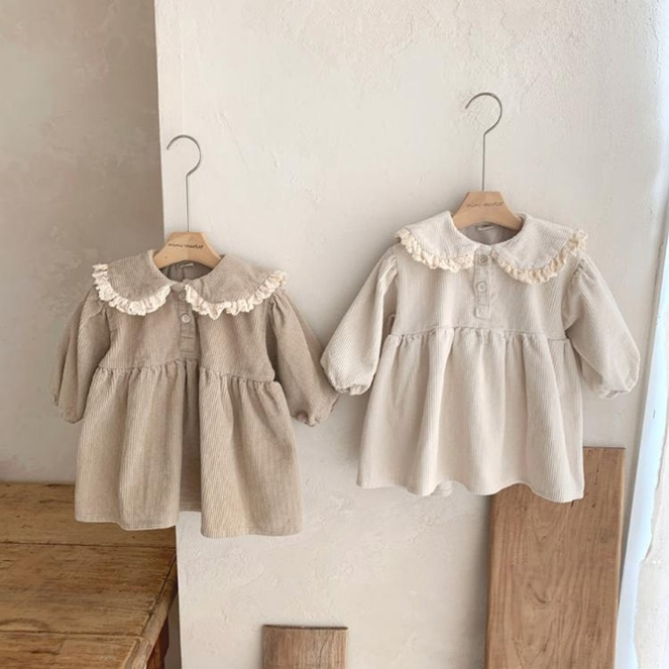 Falda de camisa de pana de algodón para bebés de estilo coreano para niñas ins underskirt de solapa de encaje casual para niños