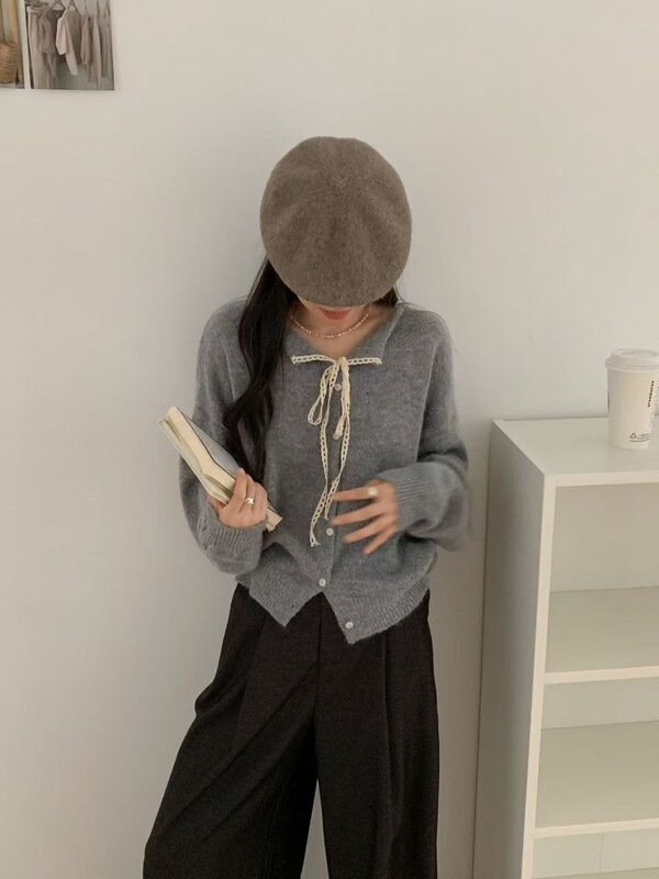 韩系系带蕾丝翻领毛衣小外套女秋冬新款纯色百搭软糯针织开衫|undefined