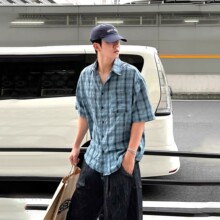蓝色格子短袖衬衫男夏季轻薄日系复古褶皱纹理感休闲翻领半袖衬衣