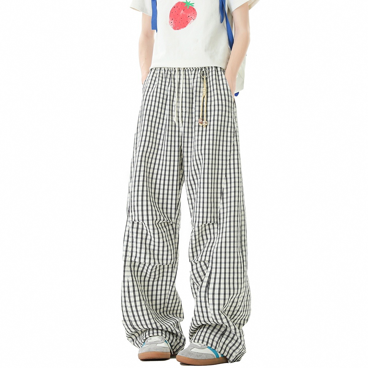 Men's Style Relaxed Fit Plaid Trousers Retro Color Block Wide Leg Casual Trendy Brand Drapey Paratrousers_viptrois.com