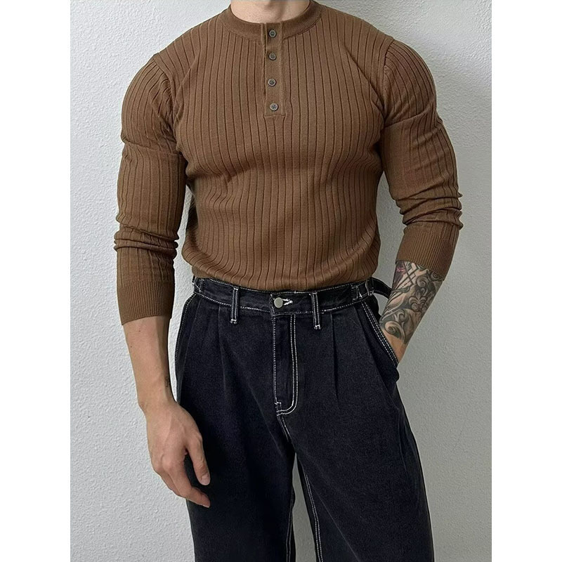 Spring and Autumn New Style Knitwear Long-Sleeve Henley Collar Men's Trendy Simple Muscle Fitness Foreign Trade Cross-Border Factory Spring and Autumn New Style Knitwear Long-Sleeve Henley Collar Men's Trendy Simple Muscle Fitness Foreign Trade Cross-Border Factory