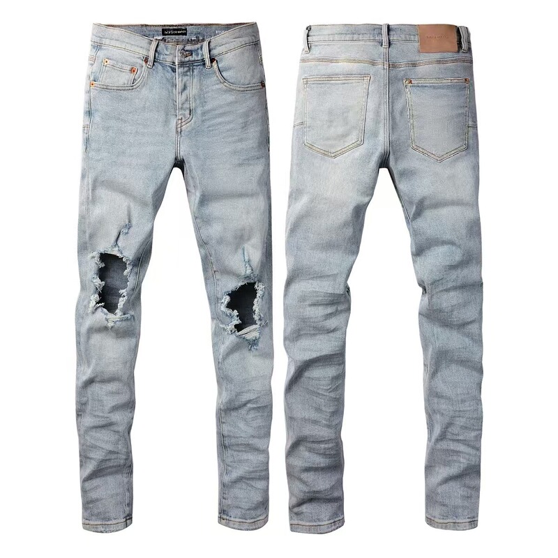 Foreign Trade Cross-Border Trendy Brand Pu Hiphop Jeans Fashion Slim Fit Ripped Distressed Jeans