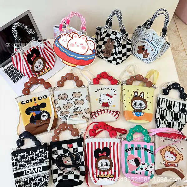 2025 New Japanese and Korean Knitted Zipper Bag Portable Work Outing Sundries Large Capacity Tote Bag Commuter Bucket Bag